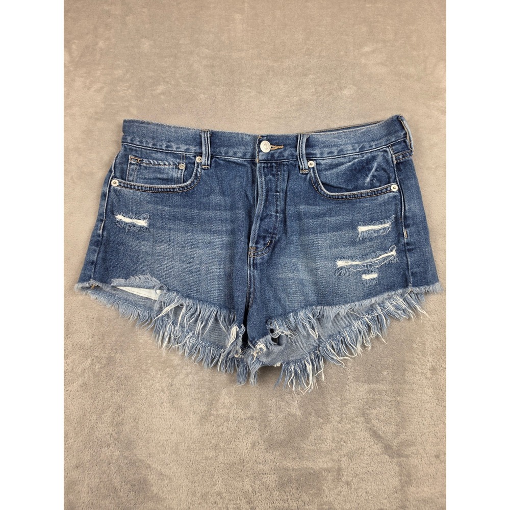 Free People We The Free Denim Shorts Womens 29 Blue Distressed Frayed Button Fly